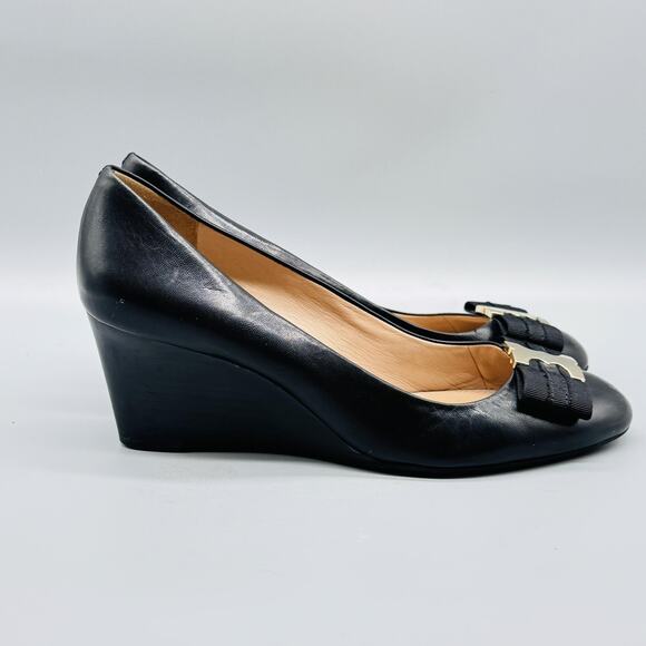 Tory Burch Shoes - Tory Burch Shoes Womens 8 Black Leather Wedge Heels Pumps Bow Slip On Classic